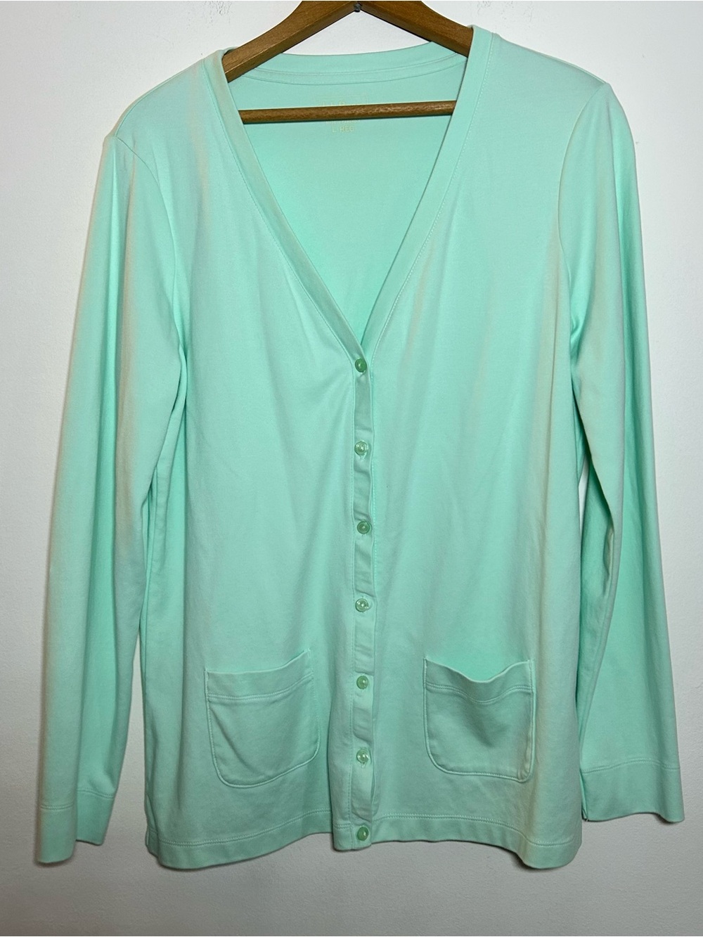 L.L. Bean Women's Cardigan Sweater Size Large Green Knit Long Sleeve Button Up